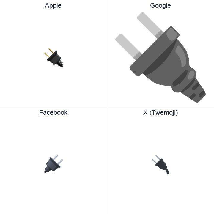 Electric Plug emoji in a square grid: Apple and Google on the top row, Facebook and X Twemoji on the bottom, on white.