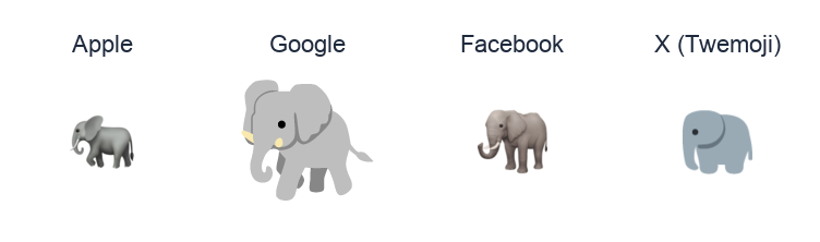 Elephant emoji artwork compared side by side for Apple, Google Noto, Facebook, and X Twemoji styles on white.