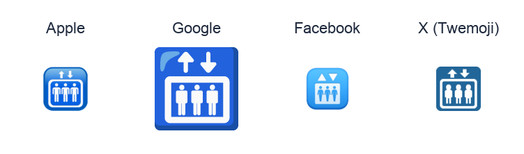 Elevator emoji artwork compared side by side for Apple, Google Noto, Facebook, and X Twemoji styles on white.