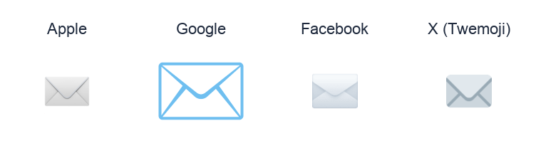 Envelope emoji artwork compared side by side for Apple, Google Noto, Facebook, and X Twemoji styles on white.