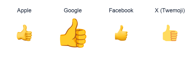 Thumbs Up Sign emoji artwork compared side by side for Apple, Google Noto, Facebook, and X Twemoji styles on white.