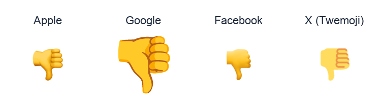 Thumbs Down Sign emoji artwork compared side by side for Apple, Google Noto, Facebook, and X Twemoji styles on white.