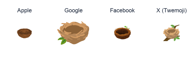 Empty Nest emoji artwork compared side by side for Apple, Google Noto, Facebook, and X Twemoji styles on white.