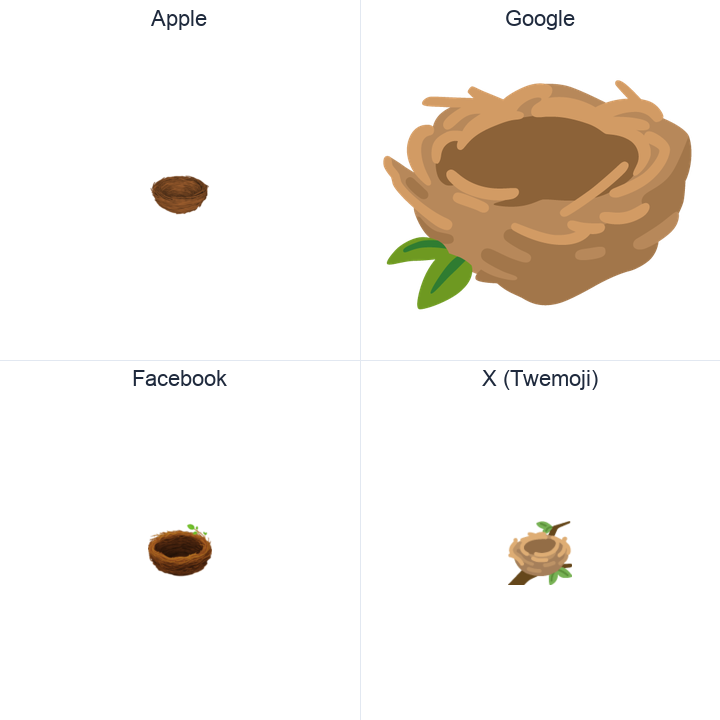 Empty Nest emoji in a square grid: Apple and Google on the top row, Facebook and X Twemoji on the bottom, on white.