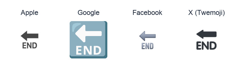 End With Leftwards Arrow Above emoji artwork compared side by side for Apple, Google Noto, Facebook, and X Twemoji styles on white.