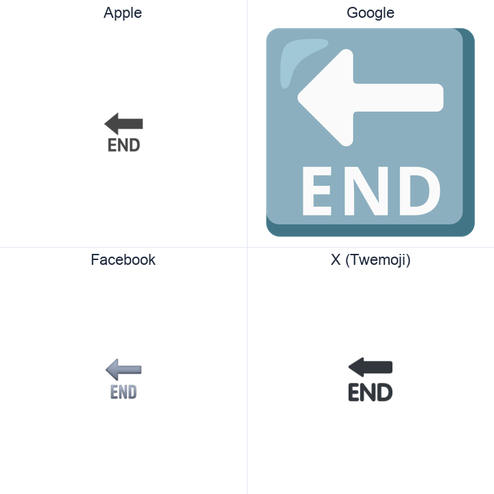 End With Leftwards Arrow Above emoji in a square grid: Apple and Google on the top row, Facebook and X Twemoji on the bottom, on white.