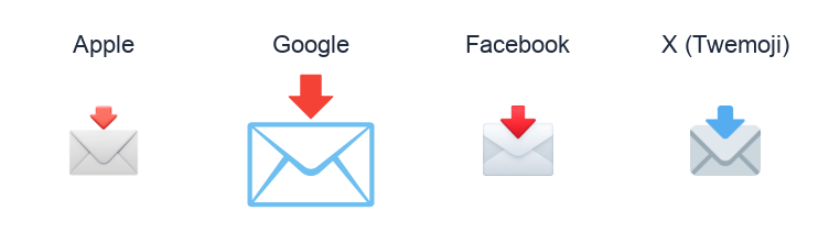Envelope With Downwards Arrow Above emoji artwork compared side by side for Apple, Google Noto, Facebook, and X Twemoji styles on white.