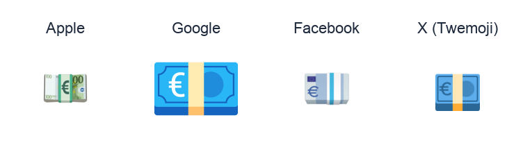 Banknote With Euro Sign emoji artwork compared side by side for Apple, Google Noto, Facebook, and X Twemoji styles on white.