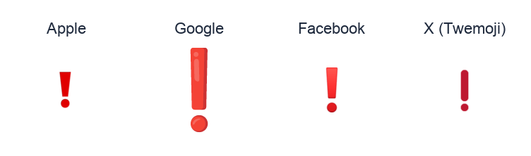 Heavy Exclamation Mark Symbol emoji artwork compared side by side for Apple, Google Noto, Facebook, and X Twemoji styles on white.