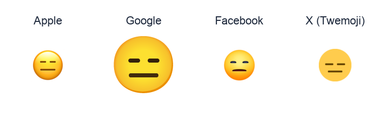 Expressionless Face emoji artwork compared side by side for Apple, Google Noto, Facebook, and X Twemoji styles on white.