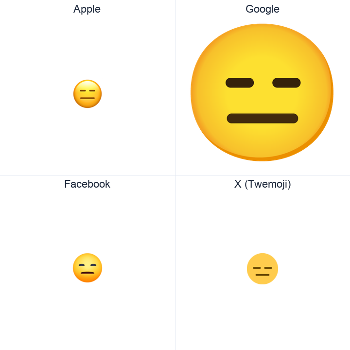 Expressionless Face emoji in a square grid: Apple and Google on the top row, Facebook and X Twemoji on the bottom, on white.