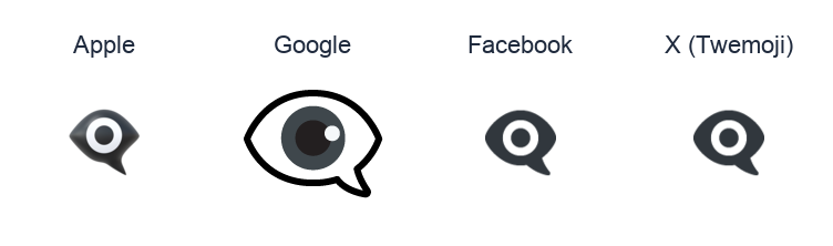 Eye In Speech Bubble emoji artwork compared side by side for Apple, Google Noto, Facebook, and X Twemoji styles on white.