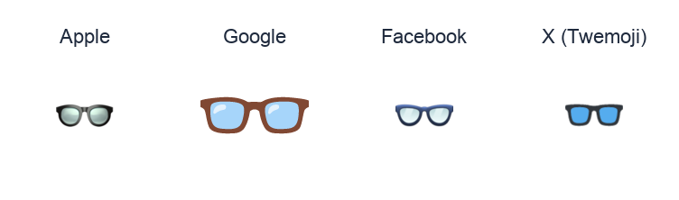 Eyeglasses emoji artwork compared side by side for Apple, Google Noto, Facebook, and X Twemoji styles on white.
