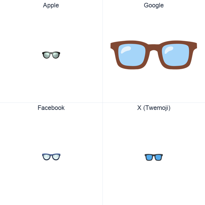 Eyeglasses emoji in a square grid: Apple and Google on the top row, Facebook and X Twemoji on the bottom, on white.