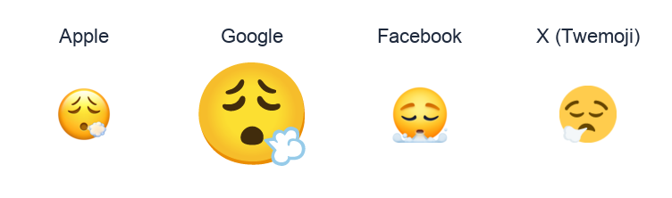 Face Exhaling emoji artwork compared side by side for Apple, Google Noto, Facebook, and X Twemoji styles on white.