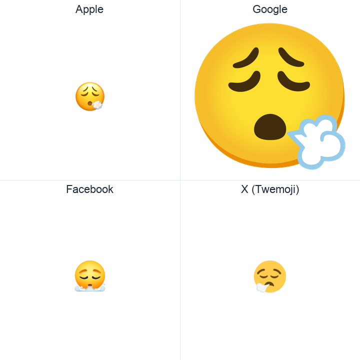 Face Exhaling emoji in a square grid: Apple and Google on the top row, Facebook and X Twemoji on the bottom, on white.