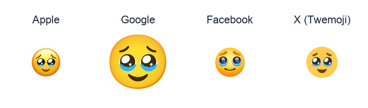 Face Holding Back Tears emoji artwork compared side by side for Apple, Google Noto, Facebook, and X Twemoji styles on white.