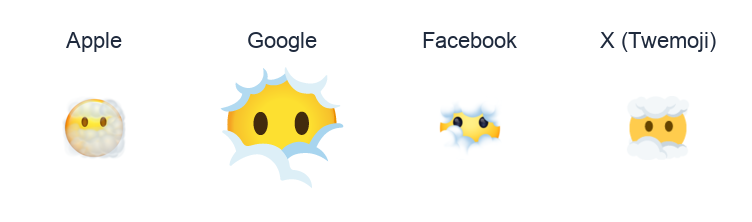 Face In Clouds emoji artwork compared side by side for Apple, Google Noto, Facebook, and X Twemoji styles on white.