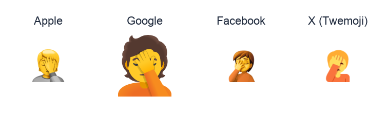 Face Palm emoji artwork compared side by side for Apple, Google Noto, Facebook, and X Twemoji styles on white.