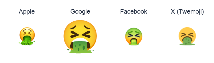 Face With Open Mouth Vomiting emoji artwork compared side by side for Apple, Google Noto, Facebook, and X Twemoji styles on white.