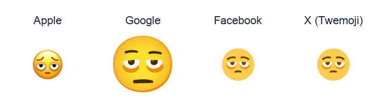Face With Bags Under Eyes emoji artwork compared side by side for Apple, Google Noto, Facebook, and X Twemoji styles on white.
