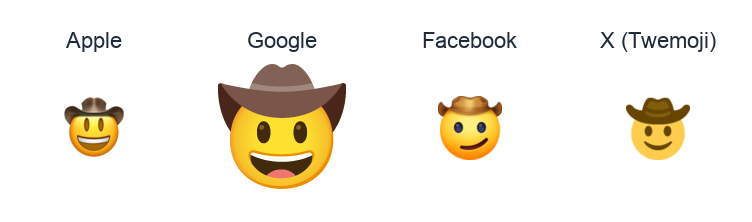 Face With Cowboy Hat emoji artwork compared side by side for Apple, Google Noto, Facebook, and X Twemoji styles on white.