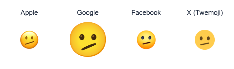 Face With Diagonal Mouth emoji artwork compared side by side for Apple, Google Noto, Facebook, and X Twemoji styles on white.