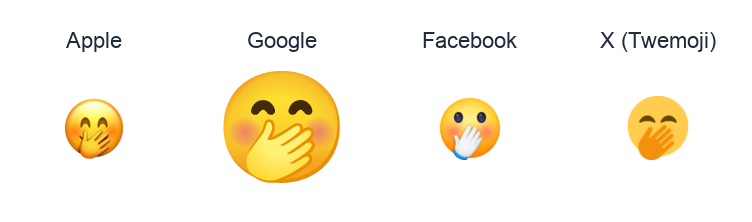 Smiling Face With Smiling Eyes And Hand Covering Mouth emoji artwork compared side by side for Apple, Google Noto, Facebook, and X Twemoji styles on white.