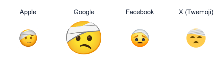 Face With Head-Bandage emoji artwork compared side by side for Apple, Google Noto, Facebook, and X Twemoji styles on white.
