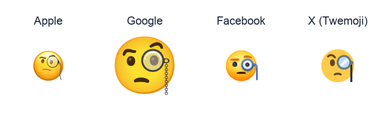 Face With Monocle emoji artwork compared side by side for Apple, Google Noto, Facebook, and X Twemoji styles on white.