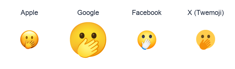 Face With Open Eyes And Hand Over Mouth emoji artwork compared side by side for Apple, Google Noto, Facebook, and X Twemoji styles on white.