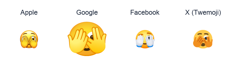 Face With Peeking Eye emoji artwork compared side by side for Apple, Google Noto, Facebook, and X Twemoji styles on white.