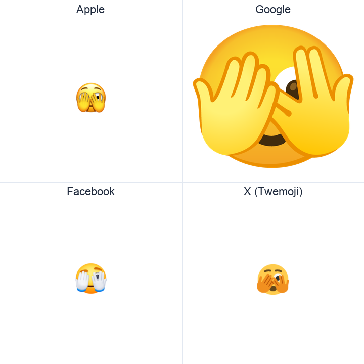 Face With Peeking Eye emoji in a square grid: Apple and Google on the top row, Facebook and X Twemoji on the bottom, on white.