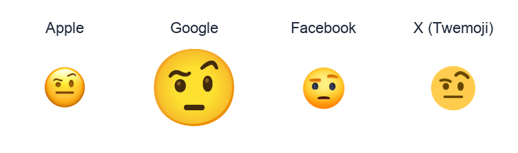 Face With One Eyebrow Raised emoji artwork compared side by side for Apple, Google Noto, Facebook, and X Twemoji styles on white.