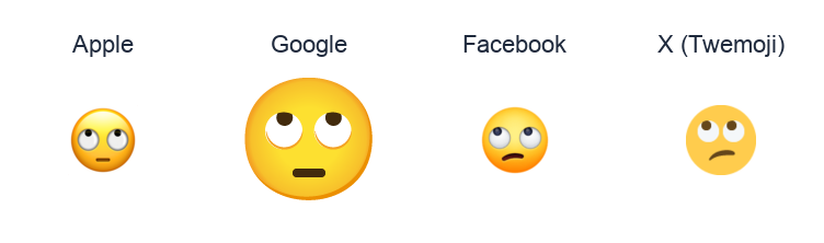 Face With Rolling Eyes emoji artwork compared side by side for Apple, Google Noto, Facebook, and X Twemoji styles on white.