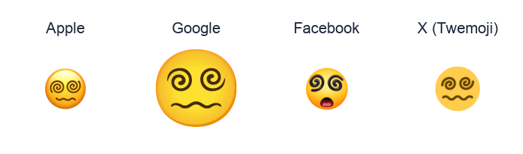 Face With Spiral Eyes emoji artwork compared side by side for Apple, Google Noto, Facebook, and X Twemoji styles on white.