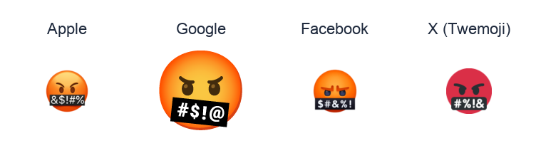Serious Face With Symbols Covering Mouth emoji artwork compared side by side for Apple, Google Noto, Facebook, and X Twemoji styles on white.