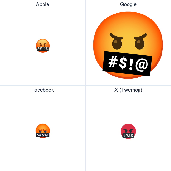 Serious Face With Symbols Covering Mouth emoji in a square grid: Apple and Google on the top row, Facebook and X Twemoji on the bottom, on white.
