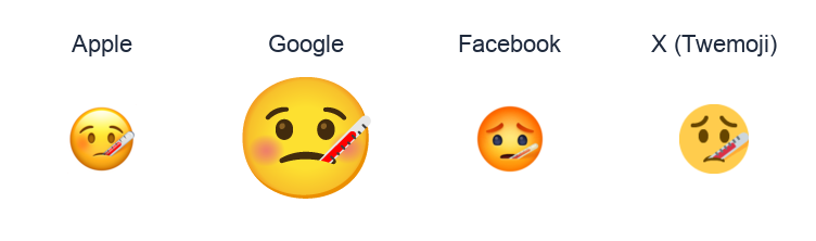 Face With Thermometer emoji artwork compared side by side for Apple, Google Noto, Facebook, and X Twemoji styles on white.
