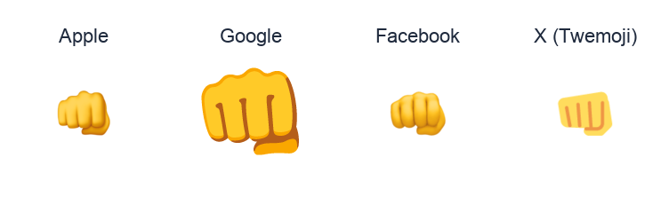 Fisted Hand Sign emoji artwork compared side by side for Apple, Google Noto, Facebook, and X Twemoji styles on white.