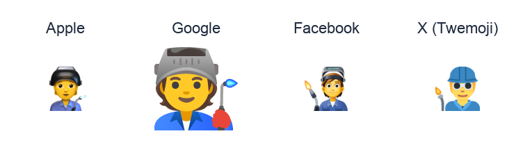 Factory Worker emoji artwork compared side by side for Apple, Google Noto, Facebook, and X Twemoji styles on white.