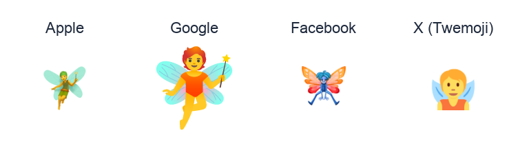 Fairy emoji artwork compared side by side for Apple, Google Noto, Facebook, and X Twemoji styles on white.