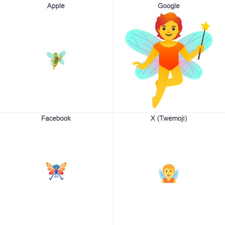 Fairy emoji in a square grid: Apple and Google on the top row, Facebook and X Twemoji on the bottom, on white.