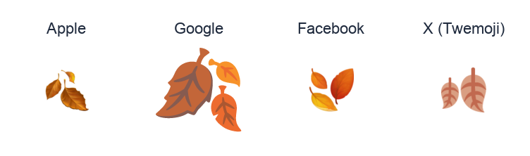 Fallen Leaf emoji artwork compared side by side for Apple, Google Noto, Facebook, and X Twemoji styles on white.