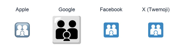 Family: Adult, Adult, Child emoji artwork compared side by side for Apple, Google Noto, Facebook, and X Twemoji styles on white.