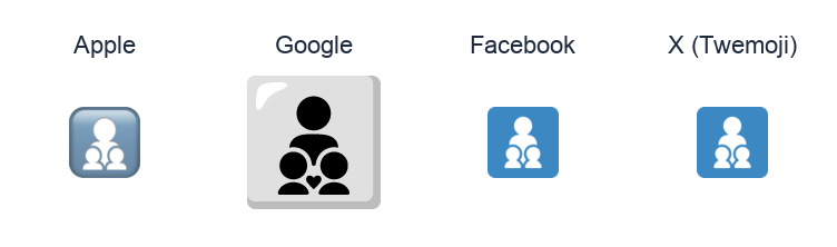 Family: Adult, Child, Child emoji artwork compared side by side for Apple, Google Noto, Facebook, and X Twemoji styles on white.