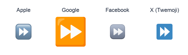 Black Right-Pointing Double Triangle emoji artwork compared side by side for Apple, Google Noto, Facebook, and X Twemoji styles on white.