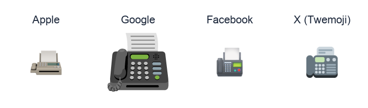 Fax Machine emoji artwork compared side by side for Apple, Google Noto, Facebook, and X Twemoji styles on white.
