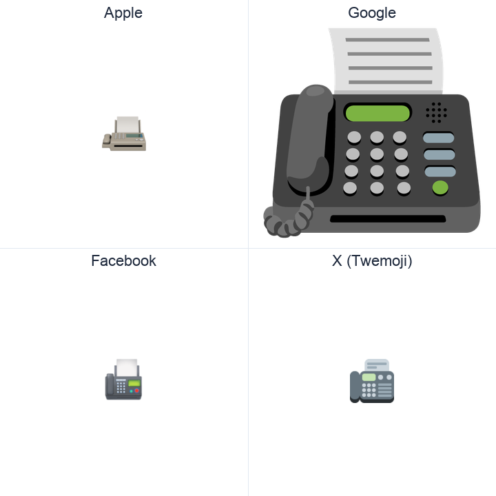 Fax Machine emoji in a square grid: Apple and Google on the top row, Facebook and X Twemoji on the bottom, on white.