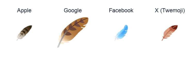 Feather emoji artwork compared side by side for Apple, Google Noto, Facebook, and X Twemoji styles on white.